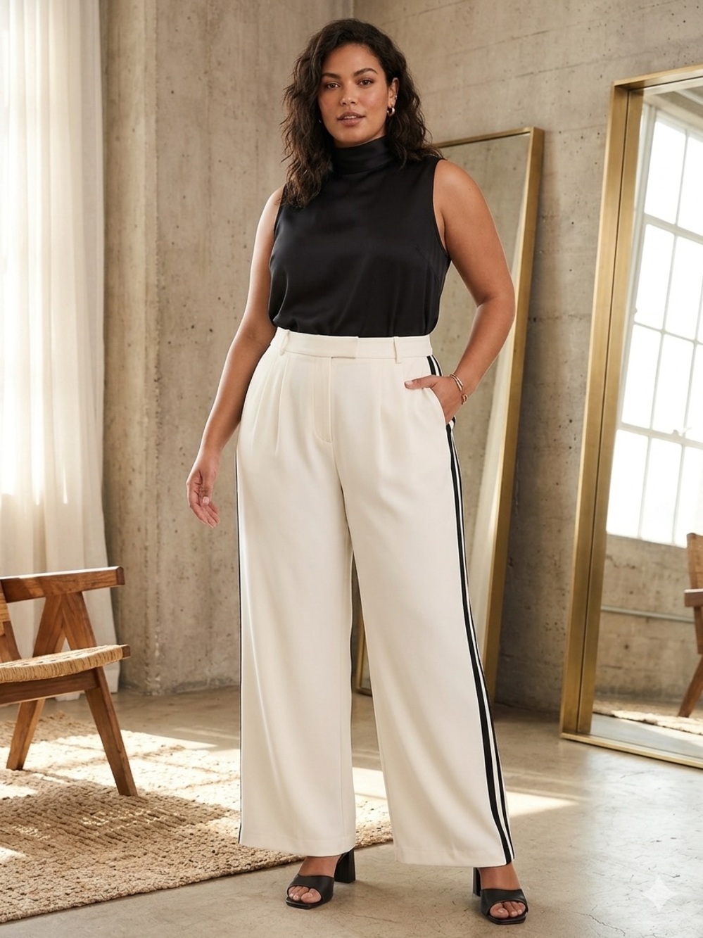 H&M Cream Wide-Leg Pants with Black Side Stripe‎